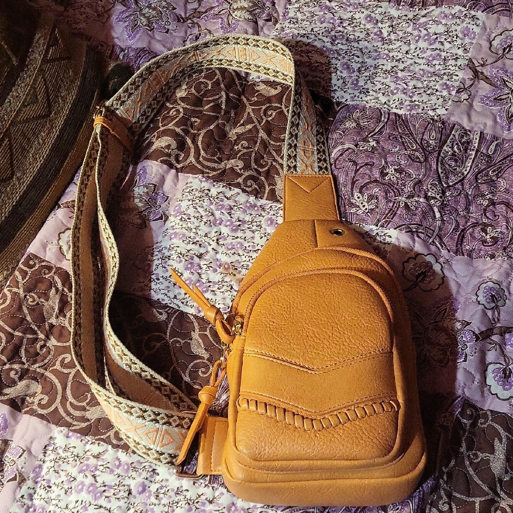 Women's Tan Leather Crossbody Backpack Sling Bag Embroidered Strap